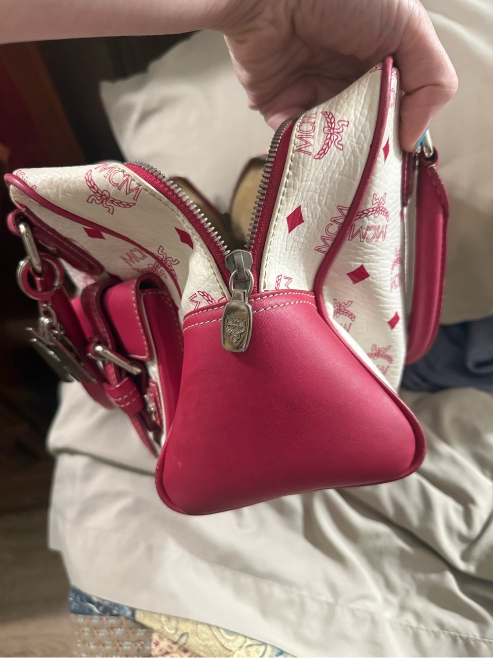 MCM White and Pink Logo Pocket Satchel with Charm - Picture 4 of 5